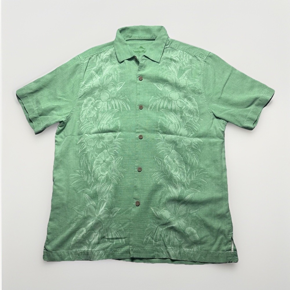 Tommy Bahama Shirt Mens Medium Green Floral Hawaiian Button Up 100% Silk